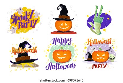 Vector collection of flat cartoon Halloween design samples isolated on white background. Decoration elements good for invitation, flyer, party poster, banner, card template. Pumpkin, hat, skull, ghost