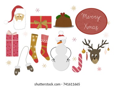Vector collection of flat Christmas objects isolated on white background. 