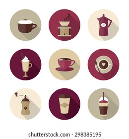 Vector collection of flat coffee icons in circles. Abstract illustration for coffee shop or cafe.
