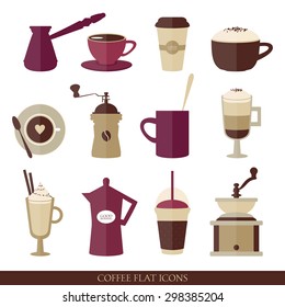 Vector collection of flat coffee icons. Abstract illustration for coffee shop or cafe