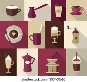 Vector collection of flat coffee icons. Abstract illustration for coffee shop or cafe