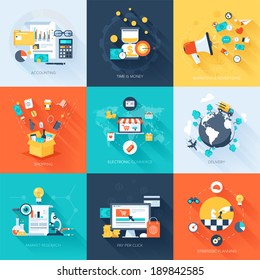 Vector collection of flat and colorful business and finance concepts with long shadow. Design elements for web and mobile applications. - Shutterstock ID 189842585