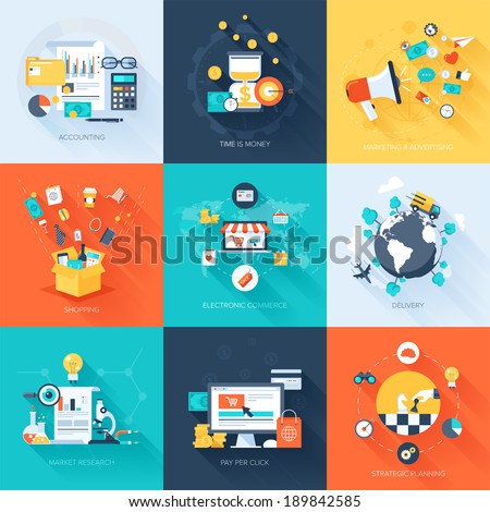 Vector collection of flat and colorful business and finance concepts with long shadow. Design elements for web and mobile applications.