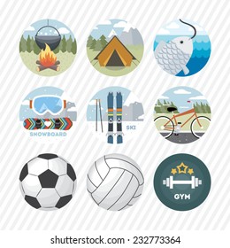 Vector collection of flat and colorful round interesting general icons. Design elements for web and mobile applications. Vacation and  recreation theme. Camping.