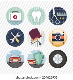 Vector collection of flat and colorful round interesting general icons. Design elements for web and mobile applications. Businees, work and life theme.