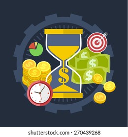 Vector collection of flat and colorful. Time is money concepts with long shadow. Design elements for web and mobile applications.
