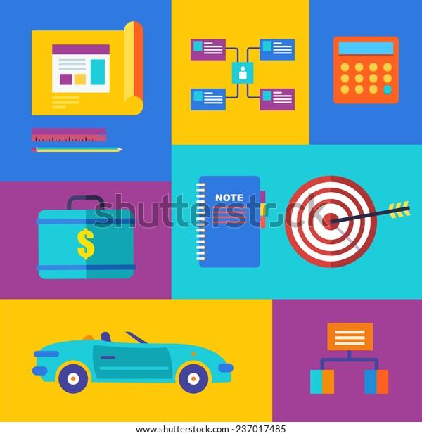 Vector collection of flat and\
colorful web icons of business. Car, target, case, money. Eps\
10