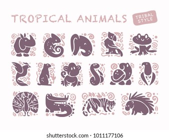 Vector collection of flat cute animal icons isolated on white background. Tropical animals and birds tribal symbols. Hand drawn emblems. Perfect for logo design, infographic, prints etc.