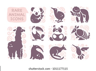 Vector collection of flat cute animal icons isolated on white background. Rare animals and birds symbols. Hand drawn exotic tropic animal emblems. Perfect for logo design, infographic, prints etc.