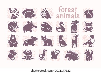 Vector collection of flat cute animal icons isolated on white background. Forest animals and birds symbols. Hand drawn emblems. Perfect for logo design, infographic, prints etc.