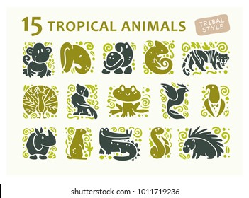 Vector collection of flat cute animal icons isolated on white background. Tropical animals and birds tribal symbols. Hand drawn emblems. Perfect for logo design, infographic, prints etc.
