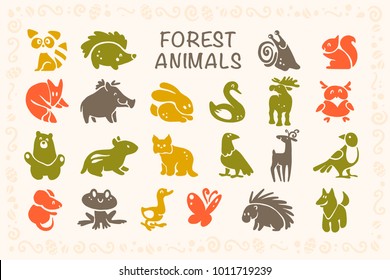 Vector collection of flat cute animal icons isolated on white background. Forest animals and birds symbols. Hand drawn emblems. Perfect for logo design, infographic, prints etc.