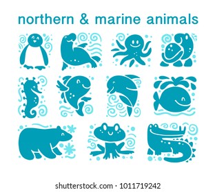 Vector collection of flat cute animal icons isolated on white background. Northern and marine animals and birds symbols. Hand drawn emblems. Perfect for logo design, infographic, prints etc.