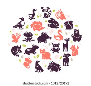Vector collection of flat cute animal icons isolated on white background. Forest animals and birds symbols. Hand drawn emblems. Perfect for logo design, infographic, prints etc.