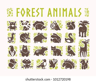 Vector collection of flat cute animal icons isolated on white background. Forest animals and birds symbols. Hand drawn emblems. Perfect for logo design, infographic, prints etc.