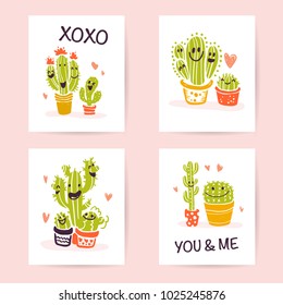 Vector collection of flat cute love cards with funny hand drawn cacti icons and portraits, lettering congratulations and heart shapes isolated on white background. Valentine day cards, love quotes.