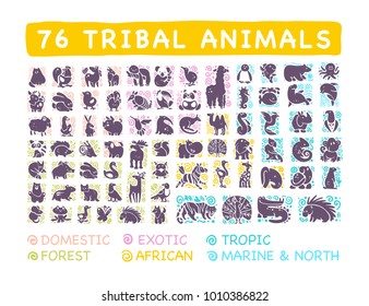 Vector collection of flat cute tribal animal icons with hand drawn ornament isolated on white background. Spread life area, infographic. Perfect for logo, web design, banners, patterns, prints etc.