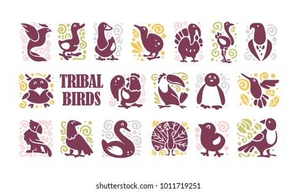 Vector collection of flat cute tribal bird icons & ornament isolated on white background. Exotic bird silhouette, domestic farm, forest, northern & tropic. Good for logo template, web design, pattern.