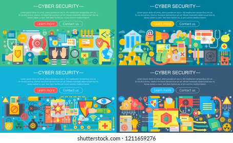 Vector collection of flat cyber security design concepts set. Cloud data service, computer protection and hacker attack concept with school icons items.