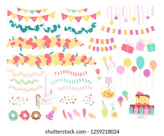 Vector collection of flat decor elements for kids birthday party - balloons, garlands, gift box, candy, pinata, bd cake etc. Flat hand drawn style. Good for cards, patterns, tags, banners etc.