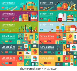 Vector collection of flat education design concepts. Horizontal banners set with school items. Back to school concept for web and promotional materials.