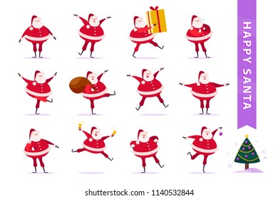 Vector collection of flat funny Santa Claus characters isolated on white background. Santa carry big gift box, hold presents bag, ring bells, dance, smile & decorate Christmas tree. Card, banner etc.