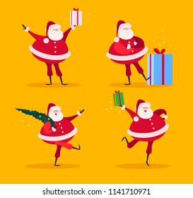 Vector collection of flat funny Santa Claus characters with fir tree and gift boxes isolated on yellow background. Cartoon style. Good for Christmas and New Year card, banner, web, leaflet, poster etc