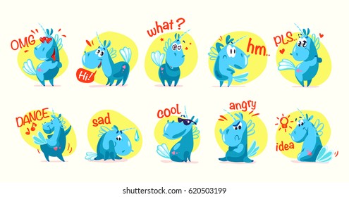 Vector collection of flat funny unicorns isolated on white background. Cartoon style. Set of emoji smile. Facial expressions and emotions. Fairy pink animal horse. Children illustration.