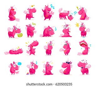 Vector collection of flat funny unicorns isolated on white background. Cartoon style. Set of emoji smile. Facial expressions and emotions. Fairy pink animal horse. Children illustration.