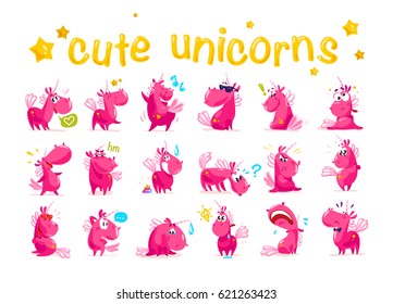 Vector collection of flat funny unicorns isolated on white background. Cartoon style. Set of emoji smile characters. Animal facial expressions and emotions. Fairy pink horse. Children illustration.