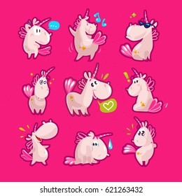 Vector collection of flat funny unicorns portrait isolated on pink background. Cartoon style. Set of emoji smile. Facial expressions and emotions. Fairy white animal horse. Children illustration.