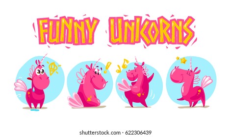 Vector collection of flat funny unicorns isolated on white background. Cartoon style. Set of emoji smile characters. Animal facial expressions and emotions. Fairy pink horse. Children illustration.