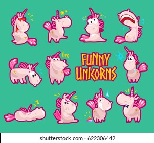 Vector collection of flat funny unicorns portrait isolated on pink background. Cartoon style. Set of emoji smile. Facial expressions and emotions. Fairy white animal horse. Children illustration.