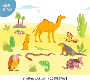 Vector collection of flat hand drawn desert animal, reptiles, insects: camel, snake, lizard on desert background. For children's book illustration, alphabet, zoo emblems, banners, infographics.