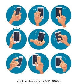 Vector collection of flat hand symbols holding smartphone isolated on white background. Cartoon style. Emoji icons, symbols set. Different hands and gestures signs.
