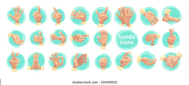 Vector collection of flat hand symbols isolated on white background. Cartoon style. Emoji icons, symbols set. Different hands and gestures signs.