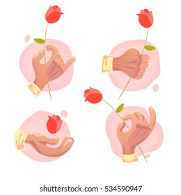 Vector collection of flat hand symbols holding flower isolated on white background. Cartoon style. Emoji icons, symbols set. Different hands and gestures signs.