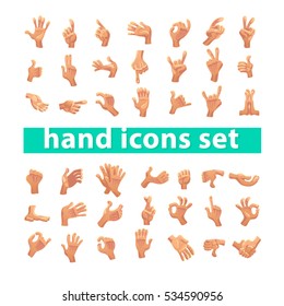 Vector collection of flat hand symbols isolated on white background. Cartoon style. Emoji icons, symbols set. Different hands and gestures signs.