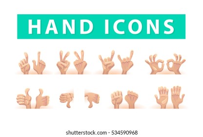Vector collection of flat hand symbols isolated on white background. Cartoon style. Emoji icons, symbols set. Different hands and gestures signs.