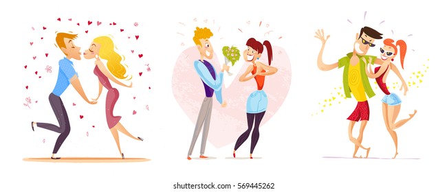 Vector collection of flat happy loving couple illustration isolated on white background. Young people in love portrait. Cartoon style. Good for Valentine day card design.