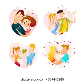 Vector collection of flat happy loving couple illustration isolated on white background. Young people in love portrait. Cartoon style. Good for Valentine day card design.