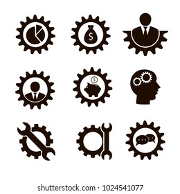 Vector collection of flat icons. Gear, wrench, pig, currency, man, diagram