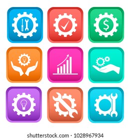 Vector collection of flat icons. Gear, wrench, screwdriver, label, currency, chart, hand, lamp