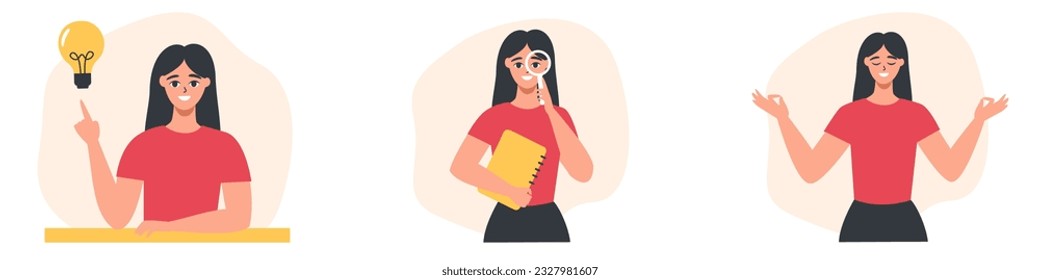 Colección vectorial de ilustraciones planas. Muchacha buscando una idea, sosteniendo lupa, idea encontrada, bombilla sobre su cabeza. La mujer relajada y meditadora 