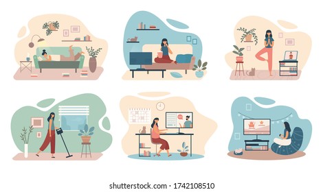 Vector collection of flat illustrations with women doing housework and relaxing while staying sage at home during quarantine isolated on white background