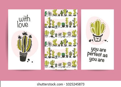 Vector collection of flat love cards with funny hand drawn cacti icons, lettering congratulations and seamless pattern isolated on white background. Valentine day cards, love quotes.