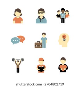 Vector collection of flat people avatars and lifestyle icons including business, education, fitness, communication, and creativity themes.