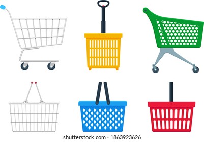 Vector collection of flat realistic illustration of side view empty supermarket shopping basket isolated. Large shopping set: chrome plated wire metal basket, plastic basket, trolley, shopping cart.