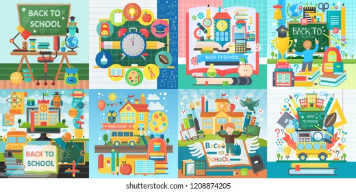 Vector collection of flat school education design concepts. Square banners set with school icons items. Back to school education concept.