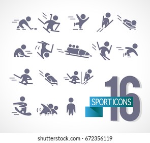 Vector collection of flat simple athlete silhouettes isolated on white background. Winter sport icons. Competition symbols. Good for advertising and poster design.